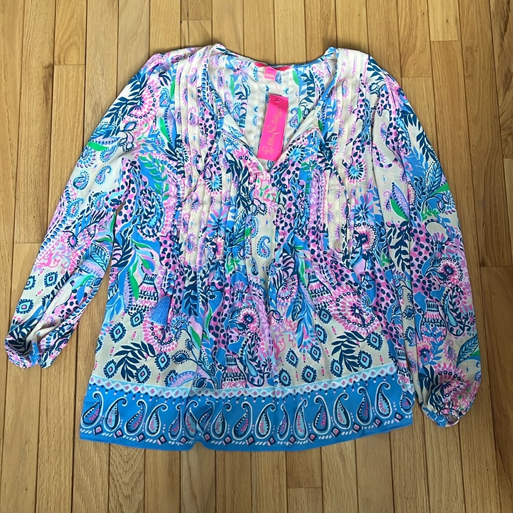 Lily Pulitzer NWT blouse large pink cream blue green tassels new v neck new